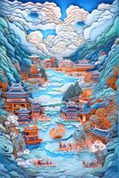 illustration of Chinese nature and landscape on solid background, auspicious clouds, ravine stream, mountain range, many houses and ancient buildings, multi dimensional paper quilling photo