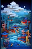 illustration of Chinese nature and landscape on solid background, auspicious clouds, ravine stream, mountain range, many houses and ancient buildings, multi dimensional paper quilling photo