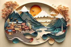 illustration of Chinese nature and landscape on solid background, auspicious clouds, ravine stream, mountain range, many houses and ancient buildings, multi dimensional paper quilling photo