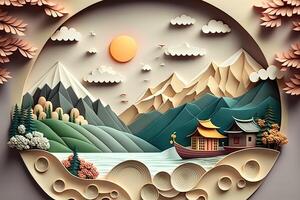 illustration of Chinese nature and landscape on solid background, auspicious clouds, ravine stream, mountain range, many houses and ancient buildings, multi dimensional paper quilling photo