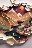 illustration of Chinese nature and landscape on solid background, auspicious clouds, ravine stream, mountain range, many houses and ancient buildings, multi dimensional paper quilling photo
