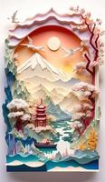 illustration of Chinese nature and landscape on solid background, auspicious clouds, ravine stream, mountain range, many houses and ancient buildings, multi dimensional paper quilling photo