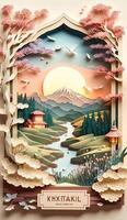 illustration of Chinese nature and landscape on solid background, auspicious clouds, ravine stream, mountain range, many houses and ancient buildings, multi dimensional paper quilling photo