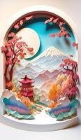 illustration of Chinese nature and landscape on solid background, auspicious clouds, ravine stream, mountain range, many houses and ancient buildings, multi dimensional paper quilling photo