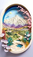 illustration of Chinese nature and landscape on solid background, auspicious clouds, ravine stream, mountain range, many houses and ancient buildings, multi dimensional paper quilling photo