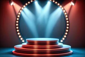 illustration of 3d blue background, round podium stage in spotlights rays photo