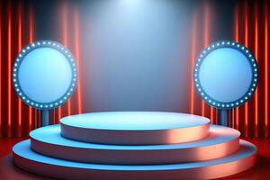 illustration of 3d blue background, round podium stage in spotlights rays photo