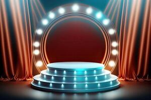 illustration of 3d blue background, round podium stage in spotlights rays photo