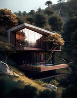 illustration of a captivating, an extraordinary house in a hill one side-oriented cabin, placing the modules between the trees ecological, exterior wood deck with infinity pool photo