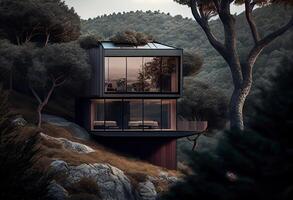 illustration of a captivating, an extraordinary house in a hill one side-oriented cabin, placing the modules between the trees ecological, exterior wood deck with infinity pool photo