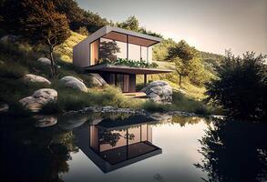 illustration of a captivating, an extraordinary house in a hill one side-oriented cabin, placing the modules between the trees ecological, exterior wood deck with infinity pool photo