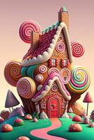 illustration of a sweet and magical world with candy land landscape and gingerbread fantasy house photo