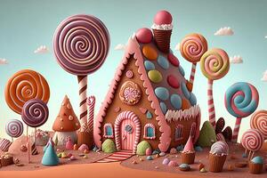 illustration of a sweet and magical world with candy land landscape and gingerbread fantasy house photo