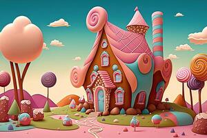 illustration of a sweet and magical world with candy land landscape and gingerbread fantasy house photo