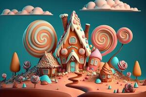 illustration of a sweet and magical world with candy land landscape and gingerbread fantasy house photo