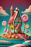 illustration of a sweet and magical world with candy land landscape and gingerbread fantasy house photo