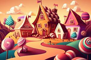 illustration of a sweet and magical world with candy land landscape and gingerbread fantasy house photo