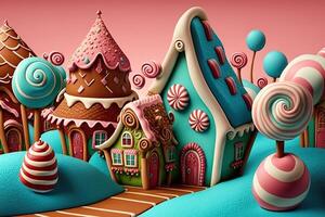 illustration of a sweet and magical world with candy land landscape and gingerbread fantasy house photo