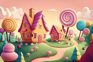 illustration of a sweet and magical world with candy land landscape and gingerbread fantasy house photo