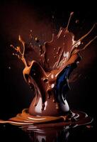 illustration of hot melted dark chocolate splashing, black background photo