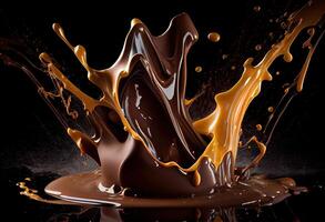 illustration of hot melted dark chocolate splashing, black background photo