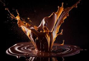 generativo ai ilustración de caliente Derretido oscuro chocolate salpicando, negro antecedentes foto