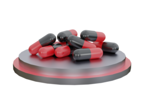 Black and Red Medicine Pills. Pill tablet capsule on metallic podium. 3D Rendering. Dangerous pharmacy concept. Drugs awareness. png