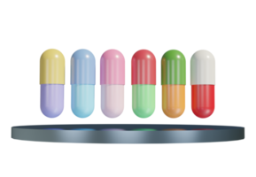 Medicine Pills in several colors. Pill tablet capsule on podium. 3D Rendering. Pastel color pills align. png