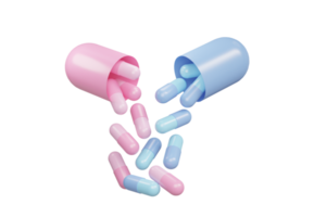 Pastel color Medicine Pills. Pink and Blue Pills flying down out of tablet capsule. 3D Rendering. Pharmacy concept. Drugs awareness. png