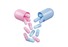 pastel Couleur médicament pilules. rose et bleu pilules en volant vers le bas en dehors de tablette capsule. 3d le rendu. pharmacie concept. drogues conscience. png