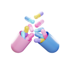 Pastell- Farbe Medizin Pillen. Tabletten fliegend oben aus von Tablette Kapsel. 3d Wiedergabe. Apotheke Konzept. Drogen Bewusstsein. png