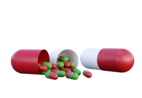 Red and Green Medicine Pills. Tiny pills spill out of big fallen tablet capsule. 3D Rendering. Pharmacy and Healthcare concept. Drugs awareness. png