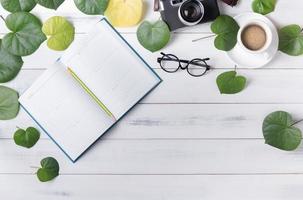 blank calendar with heart shaped green leaf and coffee photo