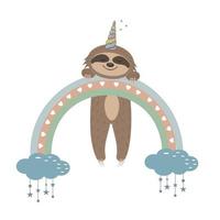 Vector illustration in cartoon style of a cute sloth character with a unicorn horn.