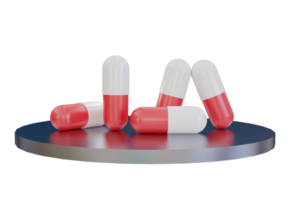 White and Red Medicine Pills. Pill tablet capsule on metallic podium. 3D Rendering. Dangerous pharmacy concept. Drugs awareness. png
