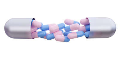 Pastel color Medicine Pills. Blue and pink pills flying out of big tablet capsule. 3D Rendering. Pharmacy and Healthcare concept. Drugs awareness. png