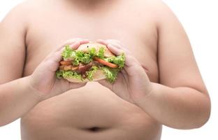 pork hamburger in obese fat boy hand isolated. photo