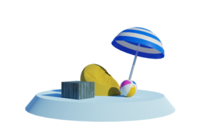 Beach vacation concept including bean bag, table, ball, and beach umbrella. 3D Rendering. png