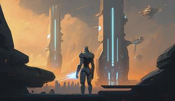 A scene from a futuristic city, inspired by Syd Meads concept art, with towering skyscrapers, sleek robots, and glowing holograms, as a sleek spaceship hovers in the background, Generate Ai photo