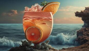 grapefruit summer cocktail on sea , photo