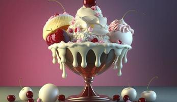 ice cream sundae, delicious, glistening, cherries, marshmallows, octane render, Generate Ai photo