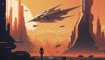 A scene from a futuristic city, inspired by Syd Mead concept art, with towering skyscrapers, sleek robots, and glowing holograms, as a sleek spaceship hovers in the background, Generate Ai photo