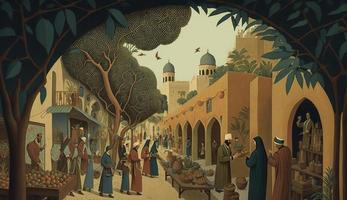 The Silk Road, 500 AD  A bustling market scene along the Silk Road, with merchants and travelers haggling over spices,  Generate Ai photo