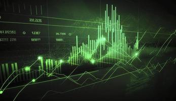 Stock market trading graph in green color as economy 3D illustration background. Trading trends and economic development. photo