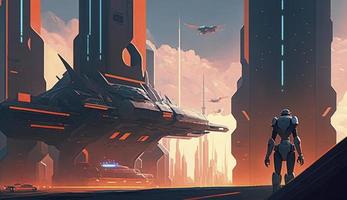 A scene from a futuristic city, inspired by Syd Mead concept art, with towering skyscrapers, sleek robots, and glowing holograms, as a sleek spaceship hovers in the background, Generate Ai photo