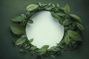 Empty white summer and spring nature background with fresh green leaves and circle frame, generate ai photo