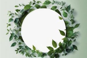 Empty white summer and spring nature background with fresh green leaves and circle frame, generate ai photo