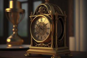 gold clock on a wooden table, 3D rendering, steampunk photo