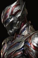 very realistic detailed intricate looking ultraman wearing vibranium armor suit with blurred neon lights at night on background, Generate Ai photo