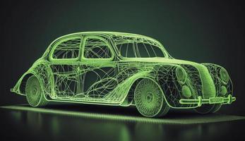 Augmented reality of wireframe car concept on the road and futuristic city on the background. Professional 3d rendering of own designed generic non existing car model, Generate Ai photo